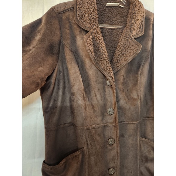 Denim & Co. Women's Brown Suede Sherpa Lined Coat Size L Velvety Plush Cozy Chic - Picture 3 of 10